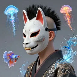 jansen ackles as batman, 3 d close - up profile simple portrait punk with mohawk with goat skull. beautiful intricately detailed japanese crow kitsune mask and clasical japanese kimono. betta fish, jellyfish phoenix, bio luminescent, plasma, ice, water, wind, creature, artwork by tooth wu and wlop and beeple and greg rutkowski
