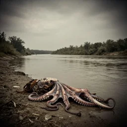tribal magician fakhir medium shot. background: wide angle river, low angle panorama scary unproportionable dead body of octopus on side of the tribal river, heavy vignette, dramatic dark ,1900s picture