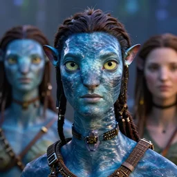 a stunning ultra detailed fantasy fine art portrait photo of a na'vi from avatar movie, by tom bagshaw, michael cheval and natalie shau, bandana mask, 3 5 mm lens, golden ratio composition, deep depth of field, perfect eyes and face, biomechanical robot, cybernetic implants, cyberpunk, soft lighting, artstation, 8 k