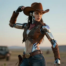 a beautiful portrait of a female cowboy with futuristic cybernetic glowing enhancements, dynamic pose, sci - fi, cyberpunk by ruan jia, jules bastien - lepage, 8 k