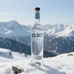 classy clear vodka bottle still on a snowy mountain, realistic, advertisement