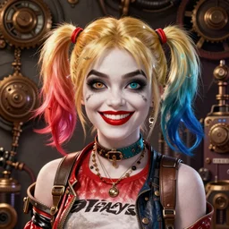 lofi giger biopunk steampunk portrait of harley quinn, Pixar style, by Tristan Eaton Stanley Artgerm and Tom Bagshaw.