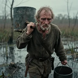 movie still close - up portrait of one tired skinny old male in medieval clothes carrying a bucket walking in a swamp mud, cinestill 8 0 0 t 3 5 mm eastmancolor, heavy grain, high quality, noir, natural textures, photorealistic, ambient occlusion, hd, ultra wide lens, anamorphic, detailed face