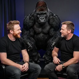 joe rogan gorilla doing a podcast, cinema still