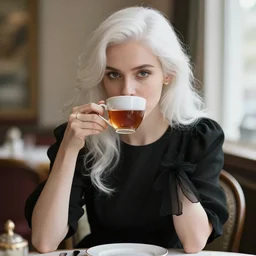 a beautiful woman with white hair wearing a black dress is sitting at a table drinking a cup of tea, skeleton fingers, beautiful face, beautiful eyes, elegant, beautiful, natural light, trending on artstation, style artgerm, joshua middleton and alphonse mucha