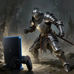 A full armored knight struggling with playing dark souls on his ps4
