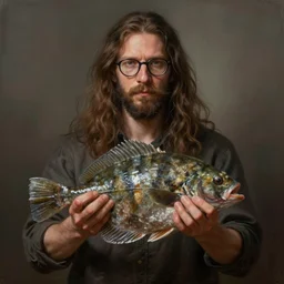 a german guy with very long brownish! hair, with glasses and very - short beard holding a flounder fish! digital painting by filipe pagliuso and justin gerard symmetric fantasy highly detailed realistic intricate port