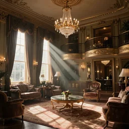 luxury interior of a victorian hotel volumetric light morning cinematic photo,