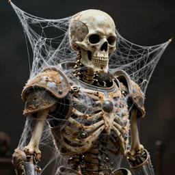 portrait of a dusty armored skeleton covered in spiderwebs By Emmanuel Lubezki