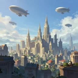 the city in the of piltover, in the style from netflix's arcane, blimps in the sky, blue skies, soft clouds, trending on artstation