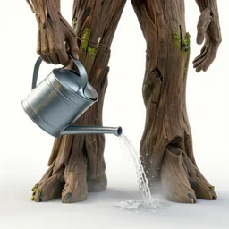 photorealistic wide shot of groot watering can his feet, octane render, unreal engine 4k, volumetric light, fog, detailed
