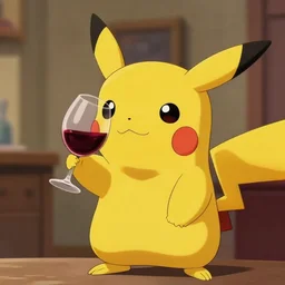 pikachu with the face of gerard depardieu drinking red wine