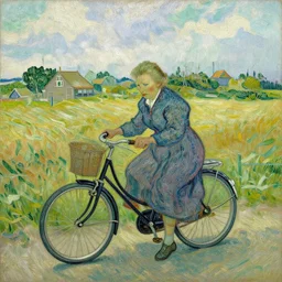 van gogh painting of an old lady that fell of her bicycle in front of a dutch farm