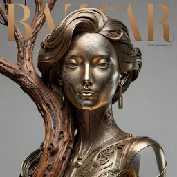 sculpture made of metal, portrait, female, future, wood, tree, harper's bazaar, vogue, magazine, insanely detailed and intricate, concept art, close up, ornate, luxury, elite, elegant, trending on artstation, by ruan jia, by Kenneth Willardt, by ross tran, by WLOP, by Andrei Riabovitchev,