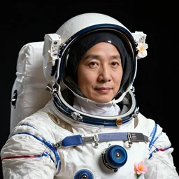 cosmonaut portrait in flowers on black background