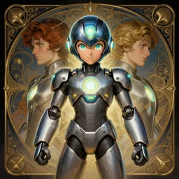 symmetry!! portrait of mega man, tech wear, glowing lights!! intricate, elegant, highly detailed, digital painting, artstation, concept art, smooth, sharp focus, illustration, art by artgerm and greg rutkowski and alphonse mucha