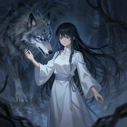 young priestess channelling vengeful wolf spirit onto herself, high fantasy, by rossdraws, sakimichan, artgerm
