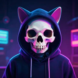 cat skull in hoodie, portrait, vaporwave, synthwave, neon, vector graphics, cinematic, volumetric lighting, f 8 aperture, cinematic eastman 5 3 8 4 film, photorealistic