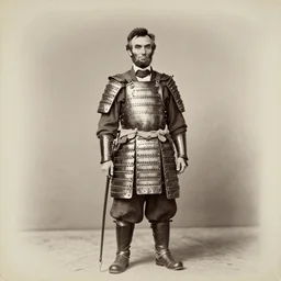 abraham lincoln in samurai armor, portrait, full body, symmetrical features, silver iodide, 1 8 8 0 photograph, sepia tone, aged paper, sergio leone, master prime lenses, cinematic