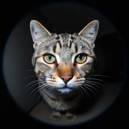 cat sniffing the camera in a fish eye lens, beautiful, gracious, true color, bioluminescent skin, ultra detailed, ultra realistic