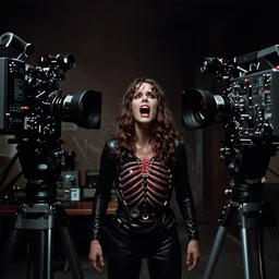 a wide angle movie still from alien ( 1 9 7 9 ) by ridley scott showing a screaming woman with an chestburster coming out of her chest | sci - fi and supernatural horror | uneasy and uncanny atmosphere | shot on celluloid with panavision cameras | panavision lenses | 3 5 mm film negative width | anamorphic projection format | edited by david crowther, terry