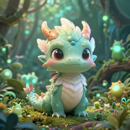 cute quetzalcoatl small feathered dragon. Cute eyes. Cute fantasy creature. Bioluminescent jungle filled with fantasy creatures and life. Fantastical world. Intricate details. Neon diffuse glow effect. Iridescent colors. Aztec civilization. Stunning octane render