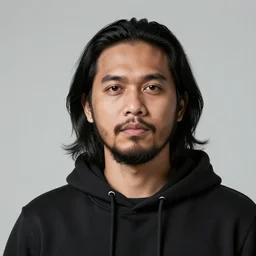 portrait of a malaysian man with long black hair, a beard, wearing a black hoodie, artstation, high quality, detailed, 8 k