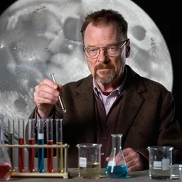 Walter White on the moon, with test tubes and beakers filled with various liquids