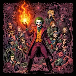 high intricate graphic novel!! of the joker holding a glimmering!!!!! fire - galaxy!!!, full shot!!!, neil gaiman, maria panfilova, andrea savchenko, mike kime, ludovic plouffe, qi sheng luo!!!, oliver cook, julian calle!!!, eddie mendoza, trending on art