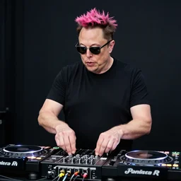 Elon Musk with a pink mohawk and sunglasses DJing with DJ turntables, photoreal