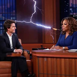 Tom Cruise shooting lightning at Oprah on her tv show