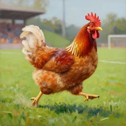 the famous funky chicken runs across a football field, interrupting the big game, oil painting