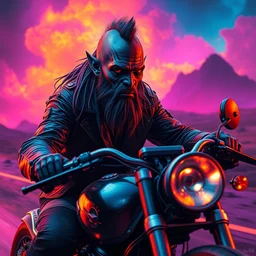 cinematic action shot of an apocalyptic scifi orcish biker character riding a motorcycle, psychedelic vibrant colors, highly detailed blacklight airbrush oil painting by michael whelan art, futuristic punk rock fashion, perfect face, sharp focus, detailed eyes, realistic, studded leather jacket, 8 k cover art