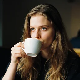 portrait of a long haired heroine drinking coffee,vivid, Mads Berg, Karolis Strautniekas, dramatic lighting,film grain, editorial illustration, detailed, gradation, dynamic composition,moody, cinematic,extreme perspective,bright colors, art deco illustration, stippled shading, risograph