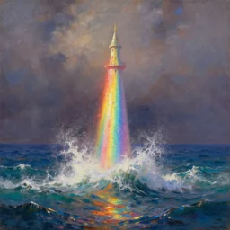 a delicate sparkling rainbow fantasy tower splashes upwards from a turbulent rainbow ocean, dramatic lighting, rich colors, sunlight shimmering off the tower and the water and the spray, beautiful painting by Thomas Cole
