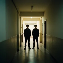 album cover, two men standing at the end of a hallway