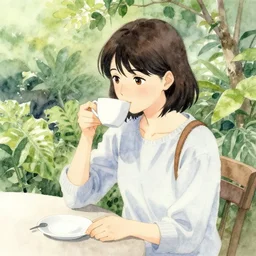 hanako tanaka drinking coffee in the botanical garden. watercolor by the award - winning concept artist