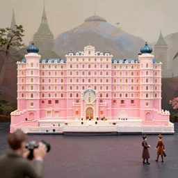 a photo of a stopmotion animation filming set of the grand budapest hotel