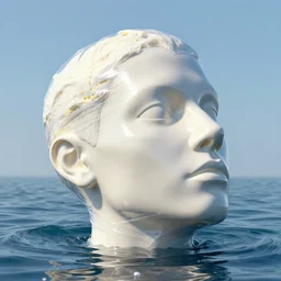 a modern sculpture of a squashed human head with ice cream spread on it wrapped in cling film, on ocean water, in the style of mike campau, cg render, ray tracing, 8 k resolution, sharp