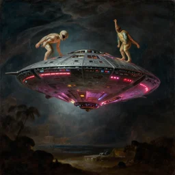 baroque oil painting of an alien spaceship landing. neon lighting. classical art.