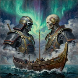 a detailed paintingdelirium boat fight water arena. inspired by samurai. science fiction poster. head and chest only. upperbody. cinematic sci - fi scene. flight suit, accurate anatomy. symmetry, aurora lighting. clouds and stars. smoke. futurism. fantasy. by beksinski carl spitzweg. baroque elements. baroque element. intricate artwork by caravaggio. oil painting. oil on canvas. award winning. dramatic. trending on artstation. 8 k