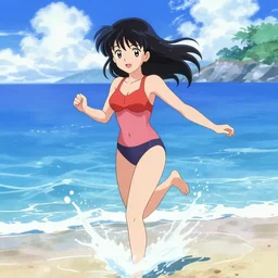 girl in swimsuit at the beaching running into water, sprite, vaporwave nostalgia, directed by beat takeshi, visual novel cg, 8 0 s anime vibe, kimagure orange road, maison ikkoku, makoto shinkai