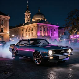 audi camaro b 1 ( 1 9 6 9 ) drifting, need for speed : carbon, at night, neon lines, lviv historic centre, phonk music background, smoke behind wheels, noise, dark, establishing shot