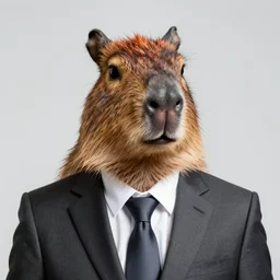 a human with a capybara face wearing a suit