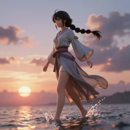 3d render of anime woman from thailand walking through shallow water, hair tied and braided loosely, mage gown,  sunset, dramatic angle, magical, ethereal, dynamic pose, 8k hdr pixiv dslr photo by Makoto Shinkai ilya kuvshinov and Wojtek Fus, digital art, concept art, beautiful clouds
