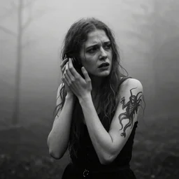 still from a homemade video of some despair as lars von trier would depict it, she is 2 3, skinny and beautiful and listens to oathbreaker, she has a gorgon tattoo on her arm, she is full of hatred, photo, black and white, the background is unsafe, insanely detailed, foggy like in norwegian black metal aesthetic