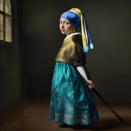 a female warrior in a turquoise dress, marching with confidence, cinematic lighting, establishing shot, johannes vermeerart