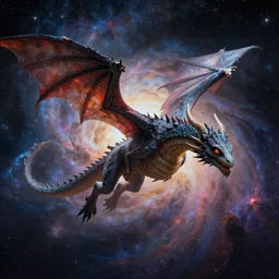 an alien dragon flying through outer space, epic nebula, style of philippe druillet art