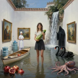 realistic painting of a flooded spanish art gallery in marbella, a tall emo girl, holding a courgette, paintings on walls, surgical equipment and nurse, canoe, pomegranates, floodwaters, squid ink, the grim reaper, waterfall from the wall, black swans, octopus, sensual, puddles, zen, surrealist, by magritte and monet