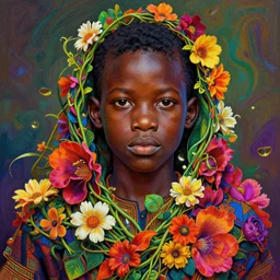 colourful vfx art - portrait of nigerian boy wrapped in flowers & vines, art by frank frazetta & tadanori yokoo, volumetric light, ray tracing, unreal engine, octane render, sharp, detailed, digital painting, illustration, highly detailed, intricate detail, pinterest, behance, art station,